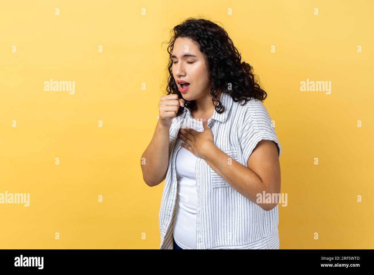 Portrait of unhealthy sick ill beautiful woman with dark wavy hair