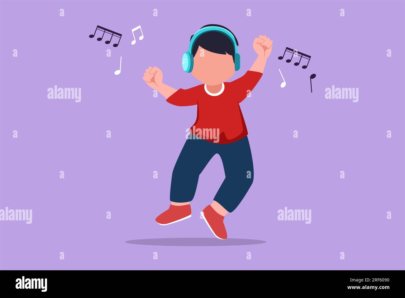 Graphic flat design drawing adorable little boy listening to music with