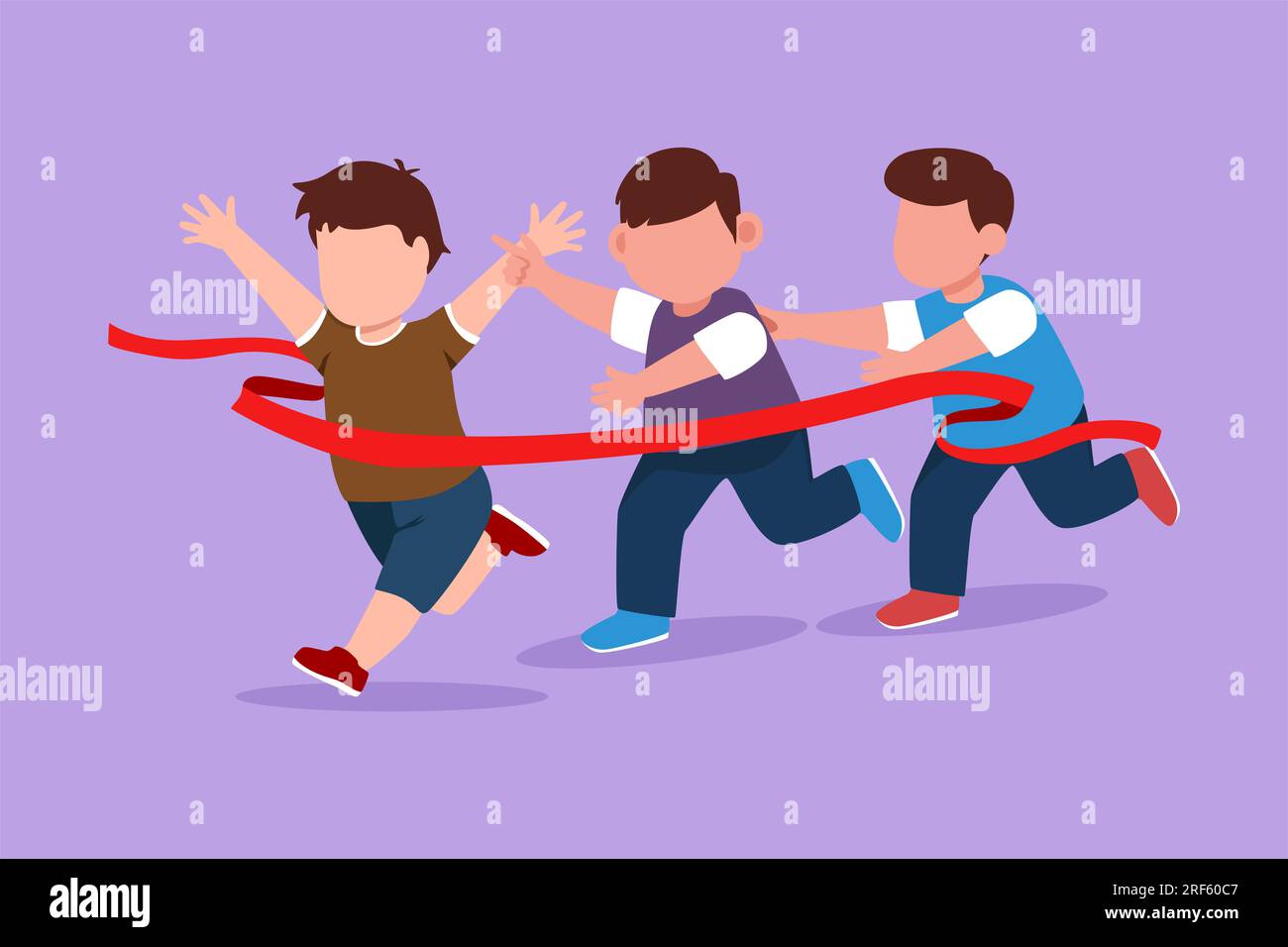 Cartoon flat style drawing children in athletics competitions. Happy little boys run in stadium and finish. Adorable kids came running first and won. Stock Photo