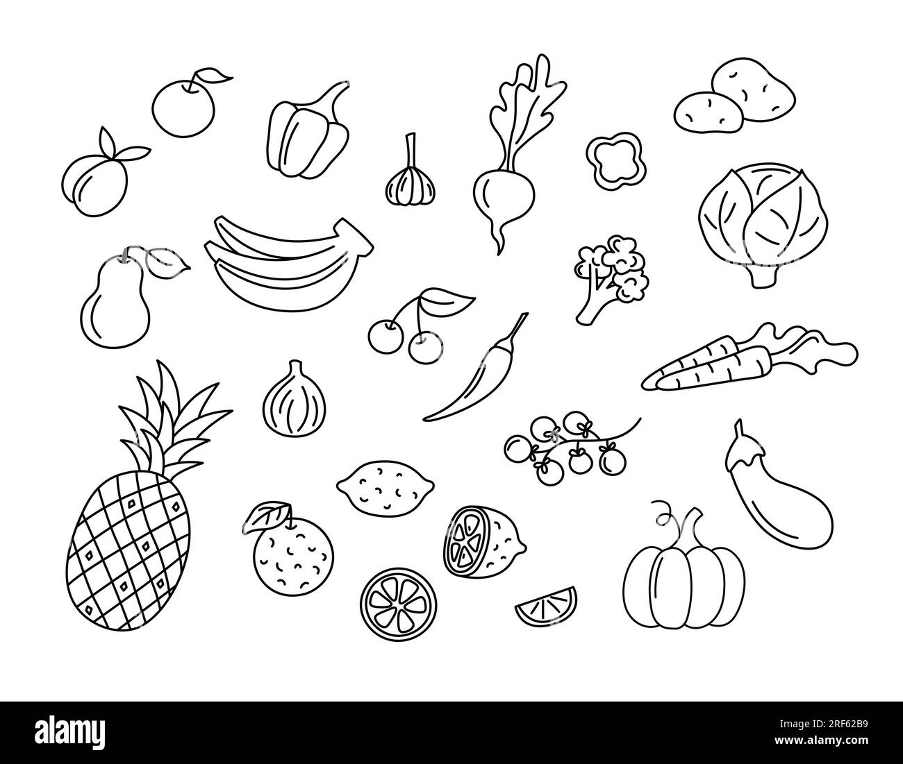 Fruits and vegetables vector doodles set. Raw food elements isolated black on white background. Hand drawn outline illustration of pineapple, bananas Stock Vector
