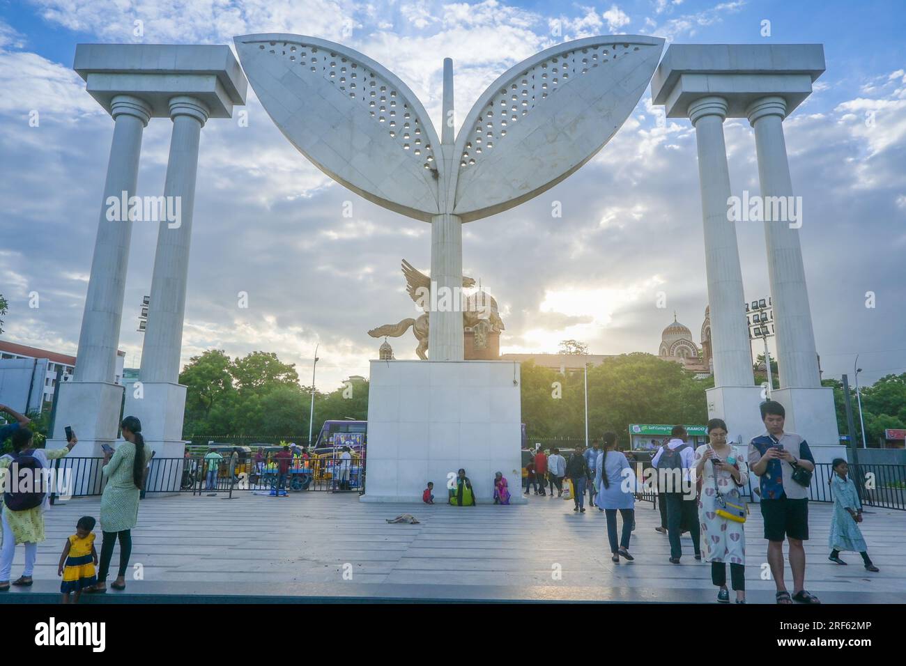 Chennai, India - July 14, 2023: Bronze Pegasus at the entrance of M.G.R Memorial Complex. The memorial built on the Marina beach in Chennai, Tamil Nad Stock Photo