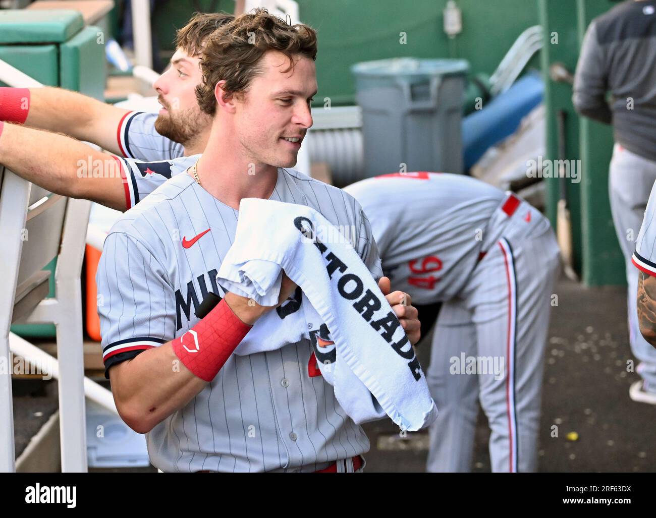 KANSAS CITY, MO - JULY 29: Minnesota Twins right fielder Max Kepler (26) as  seen in the dugout during a MLB game between the Minnesota Twins and the  Kansas City Royals on