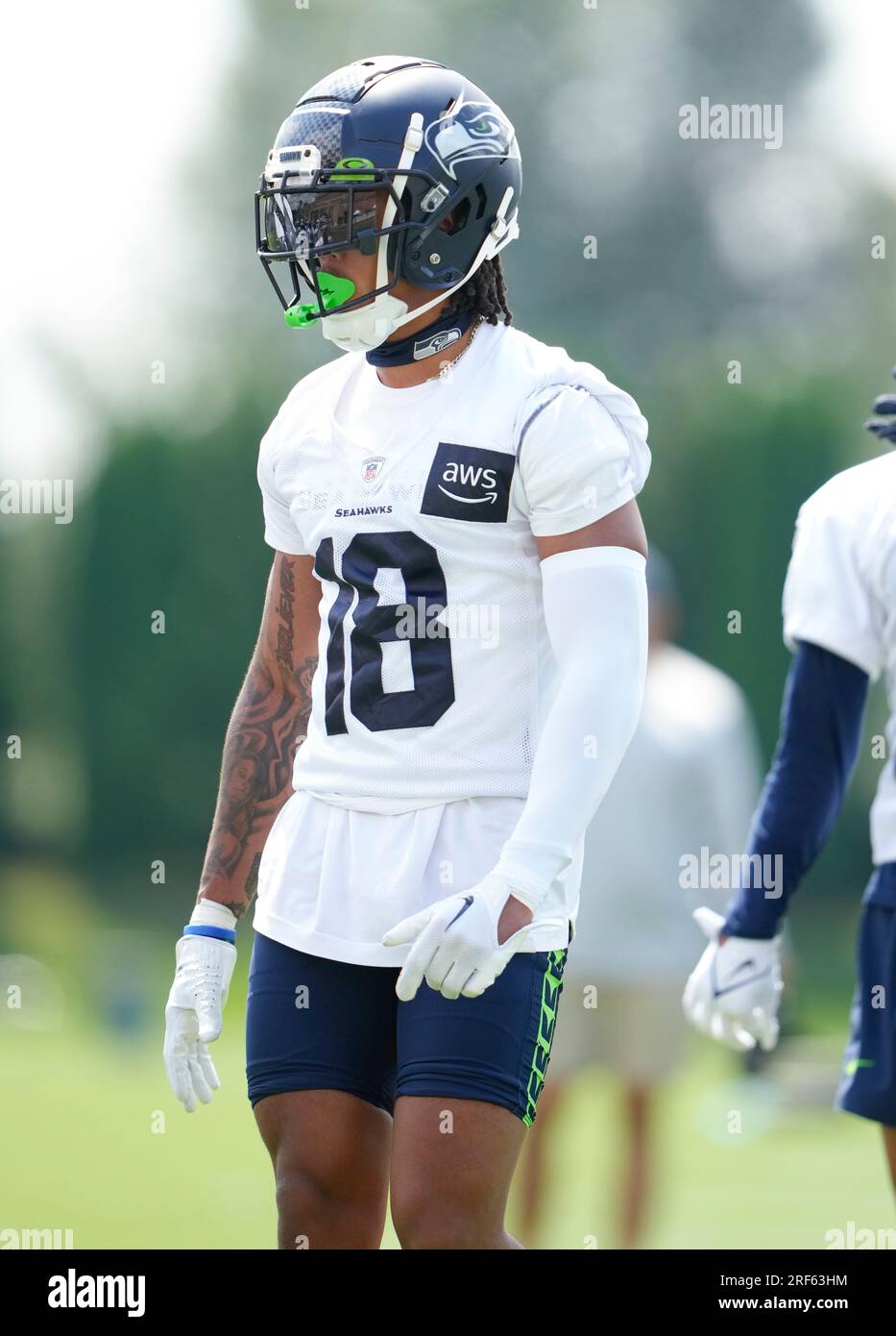 Seattle Seahawks cornerback Lance Boykin (18) and safety Julian Love (20)  jog on the field before the NFL football team's mock game, Friday, Aug. 4,  2023, in Seattle. (AP Photo/Lindsey Wasson Stock Photo - Alamy