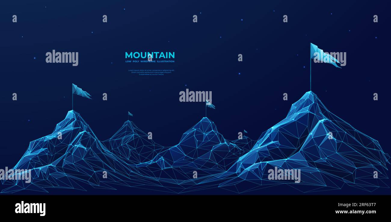 Digital mountains range with flags in a futuristic low poly style Stock Vector