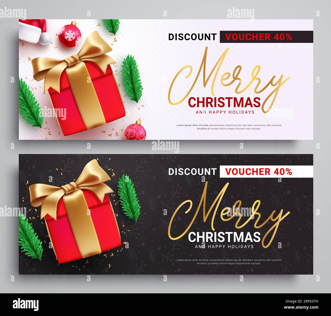 Christmas voucher sale set vector design. Merry christmas greeting text in gift certificate vouchers discount for holiday season shopping. Vector Stock Vector
