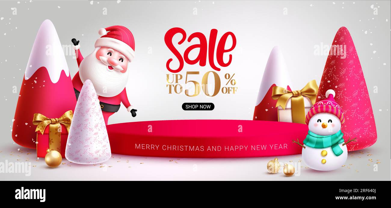 Christmas sale podium vector banner design. Merry christmas and happy new year greeting text with santa claus and snow man characters in stage podium Stock Vector