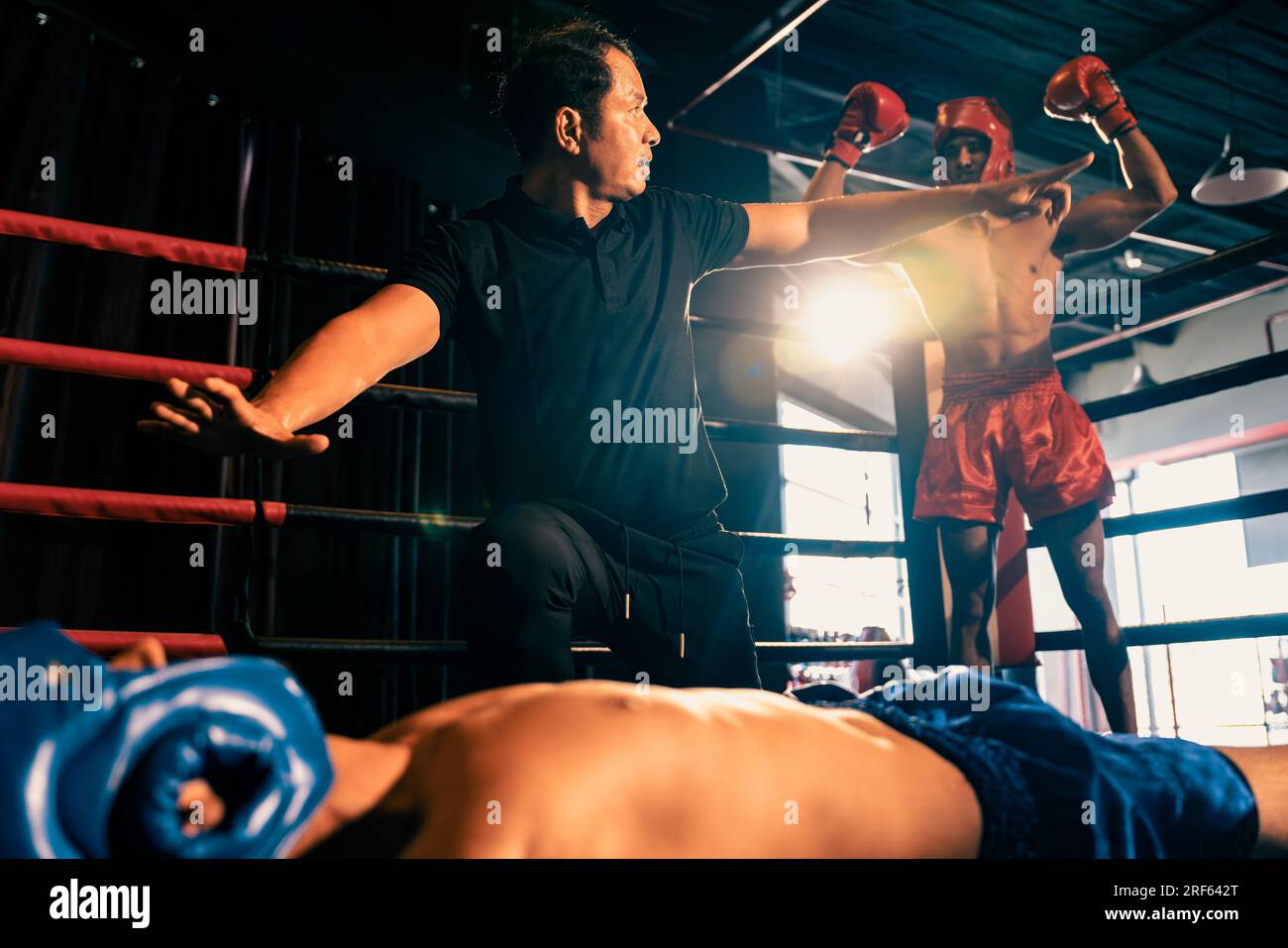 Boxing referee intervene, halting the fight to check fallen competitor