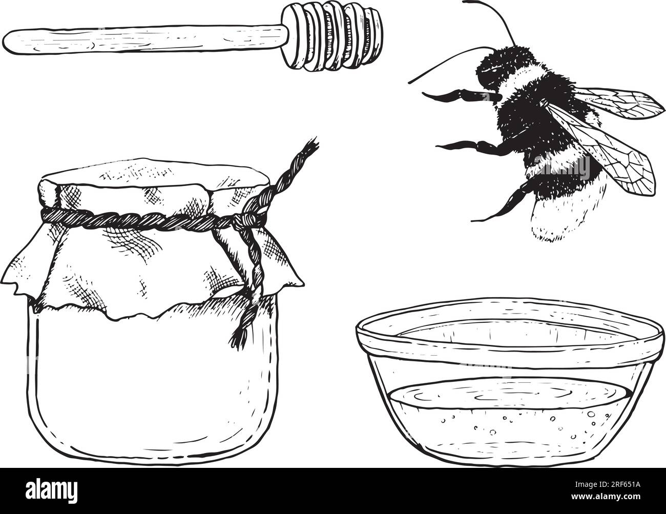 Honey vector illustration set with honey dipper, jar, glass bowl and