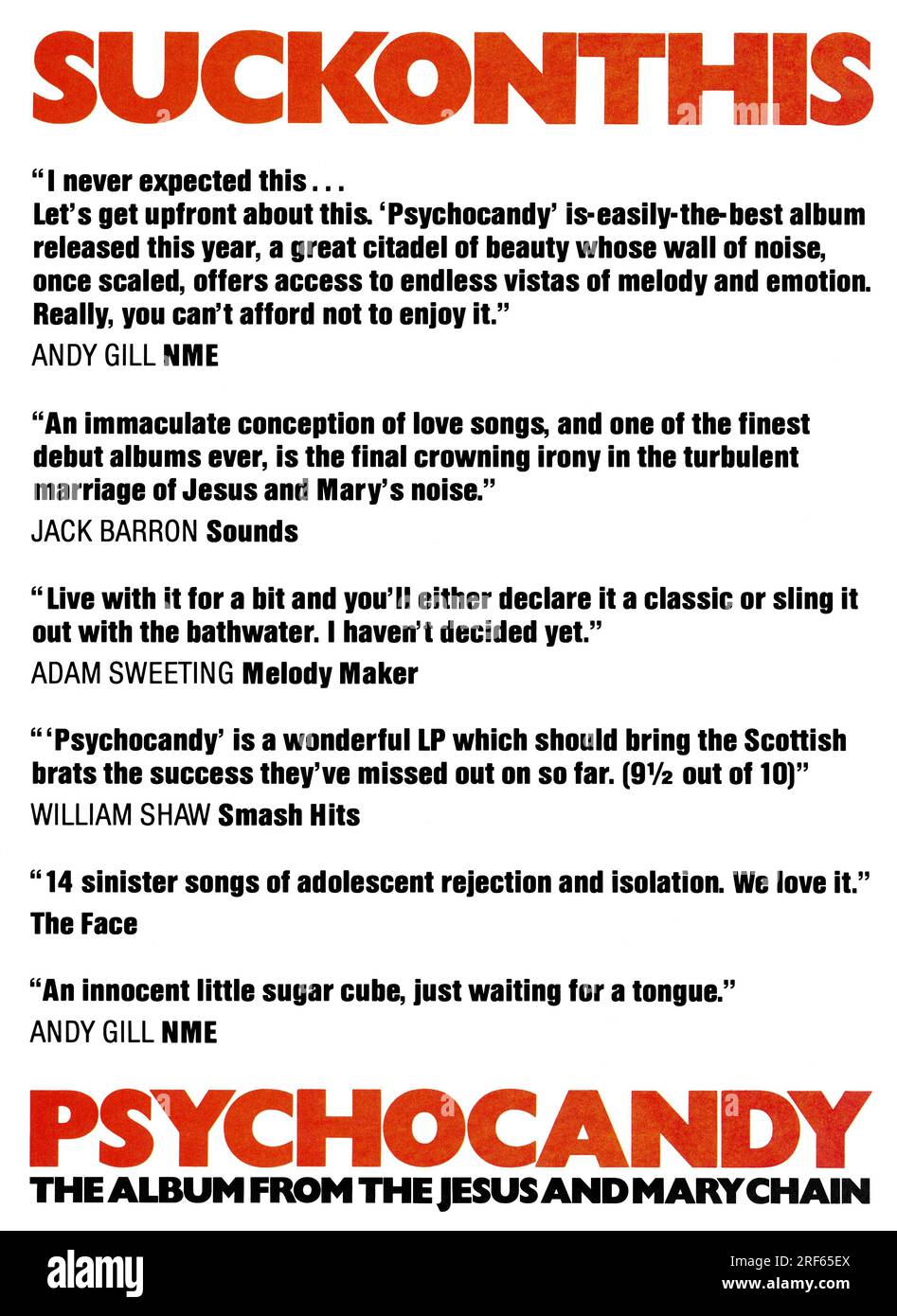 January 1986 British advertisement for the album Psychocandy by the Jesus And Mary Chain. Stock Photo