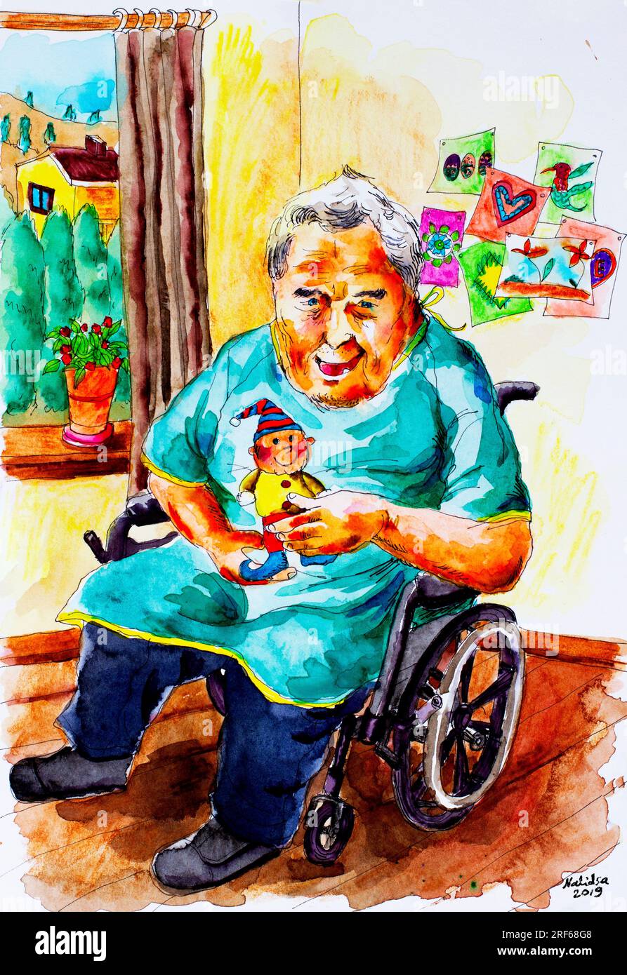 One happy retired seniors elderly man with Down syndrome and dementia