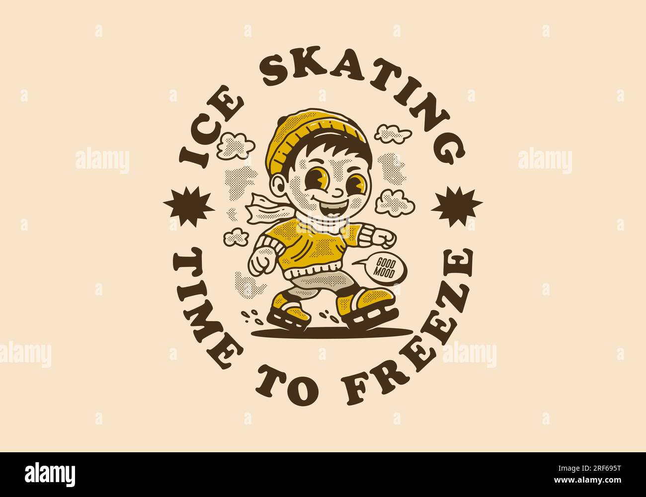 Ice skating time to freeze, mascot character illustration of a little
