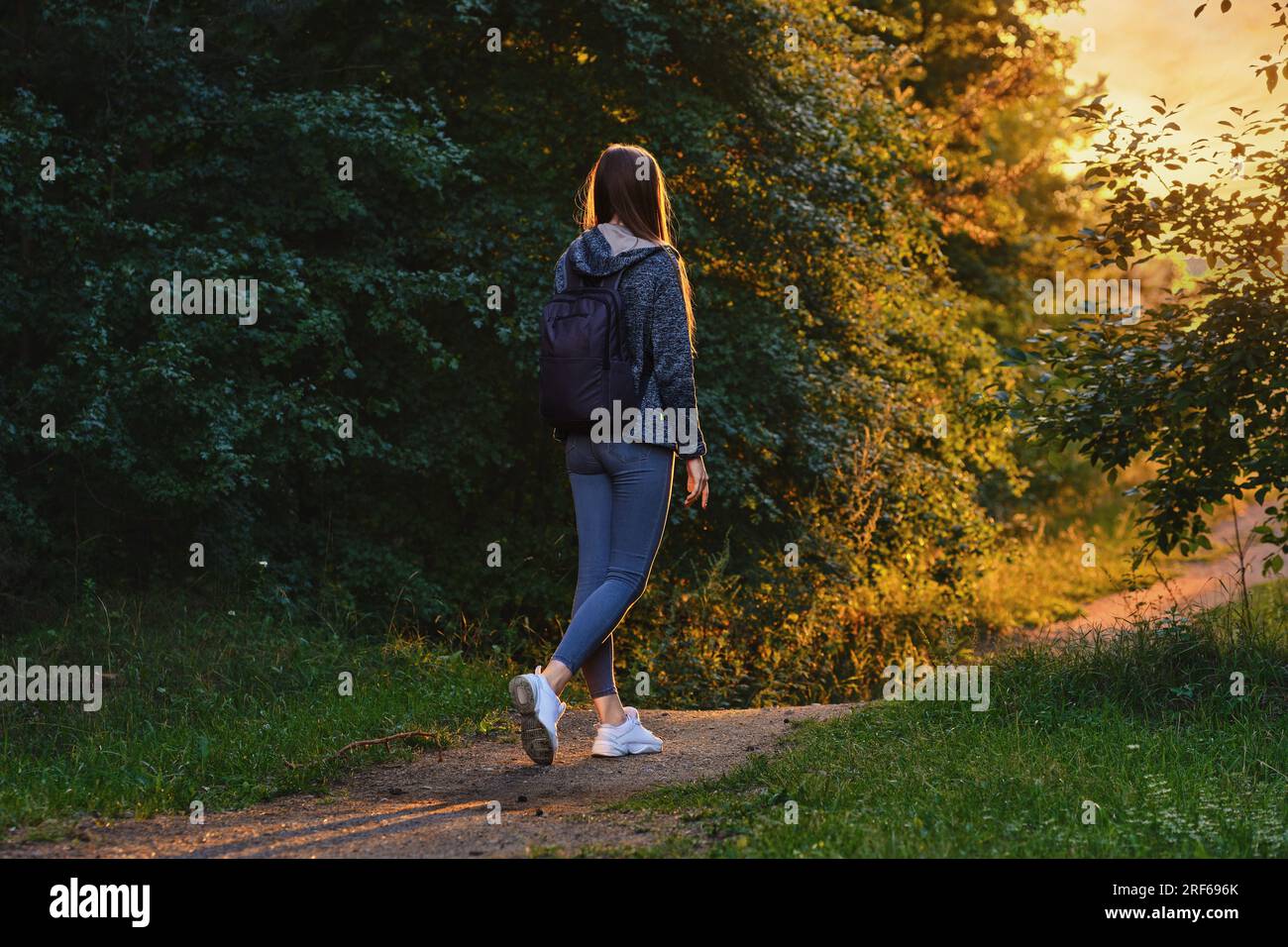 Back view of an active woman goes along path from forest to clearing in ...