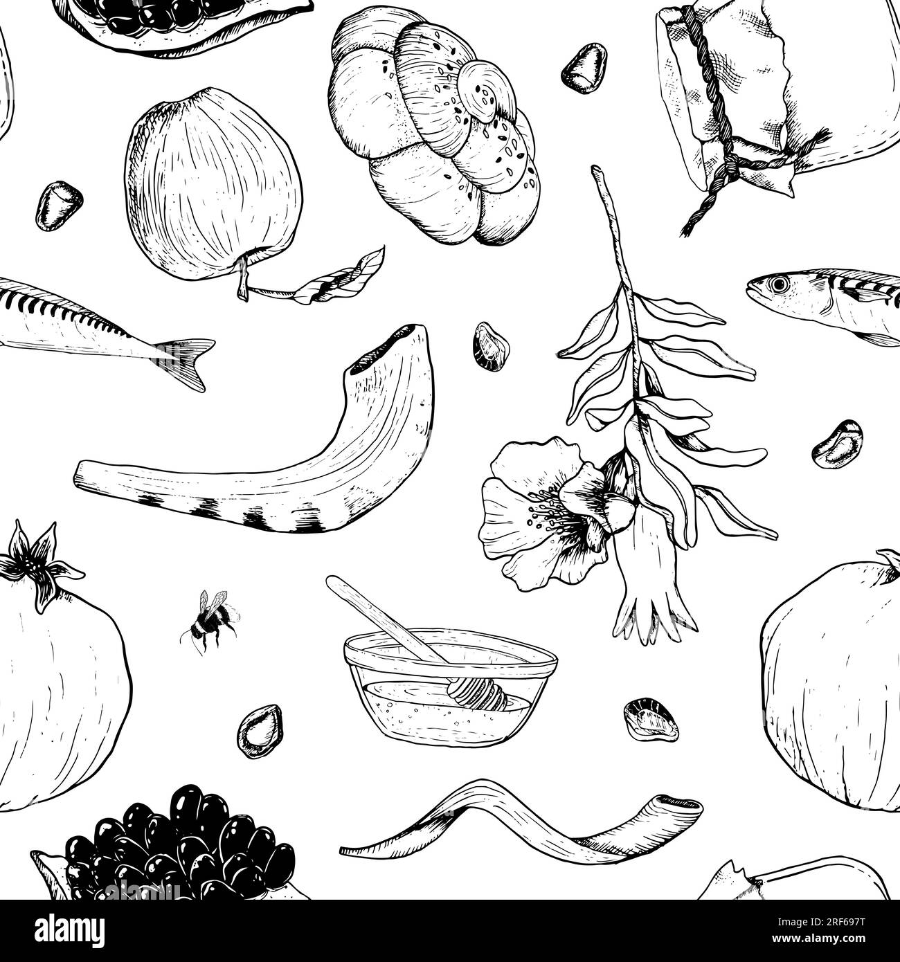Jewish Rosh Hashanah vector seamless pattern in black and white with