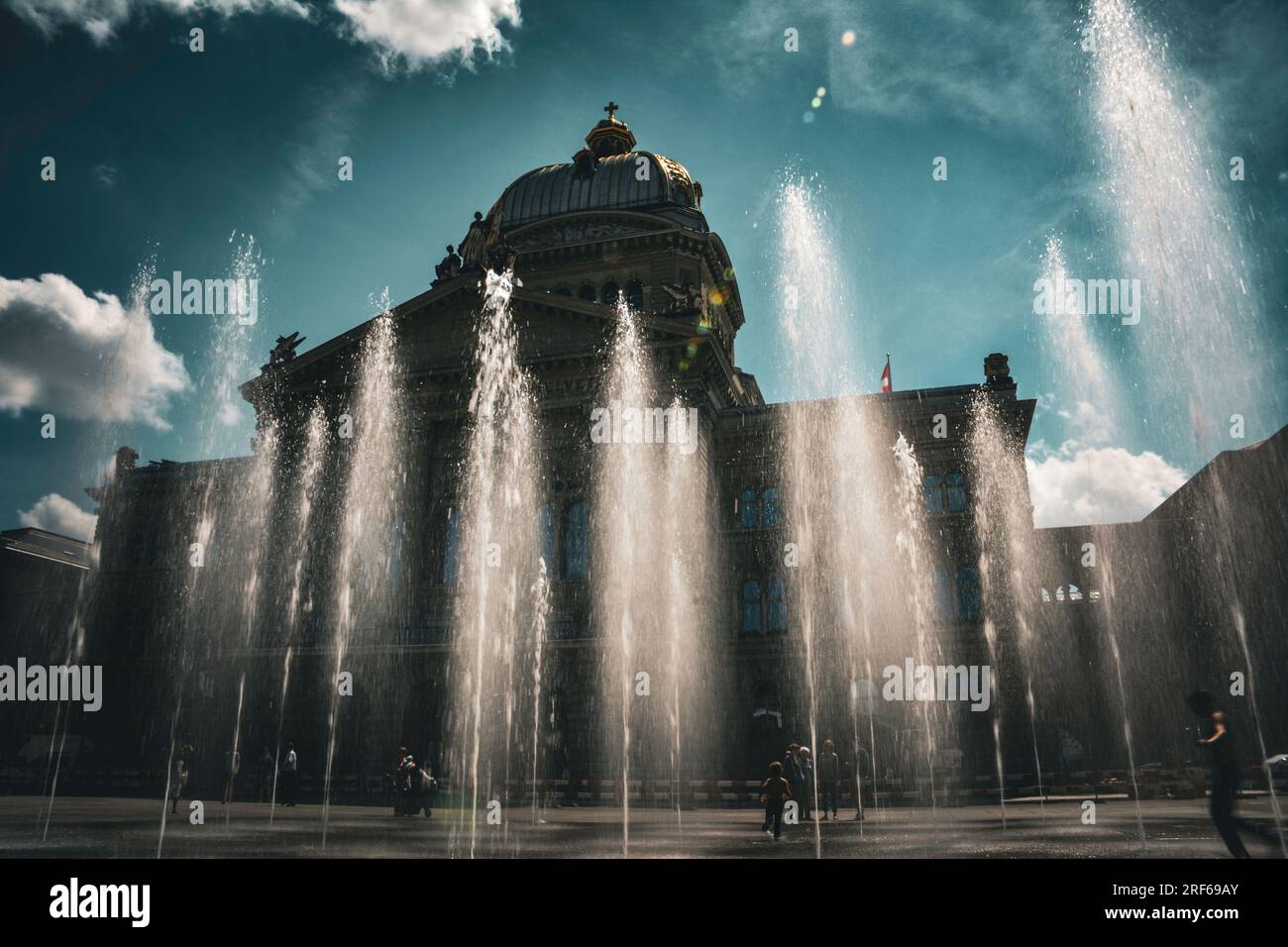 Water Fountains by the Federal Palace of Switzerland in Bern Stock Photo