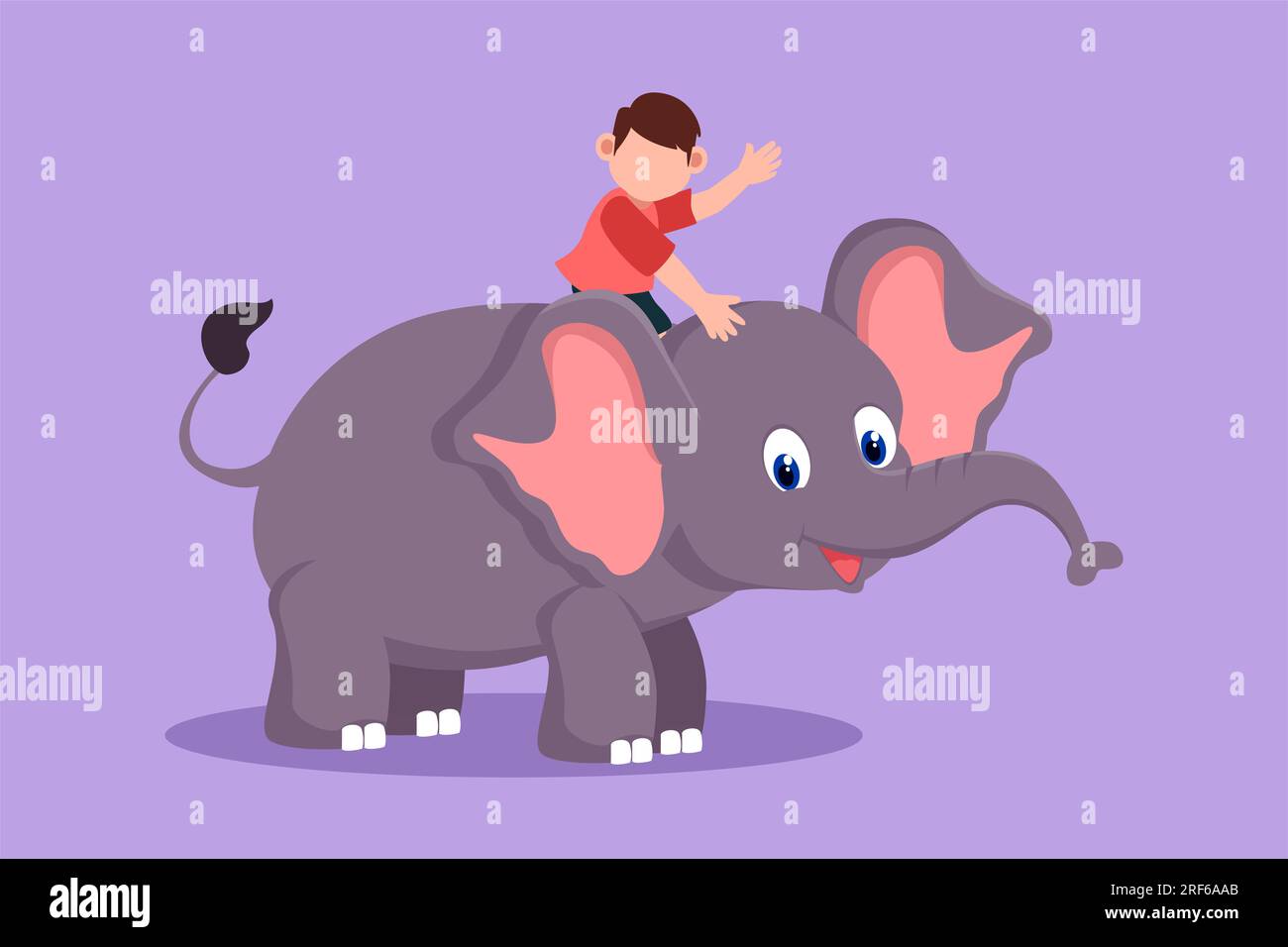 Cartoon flat style drawing adorable little boy riding elephant at