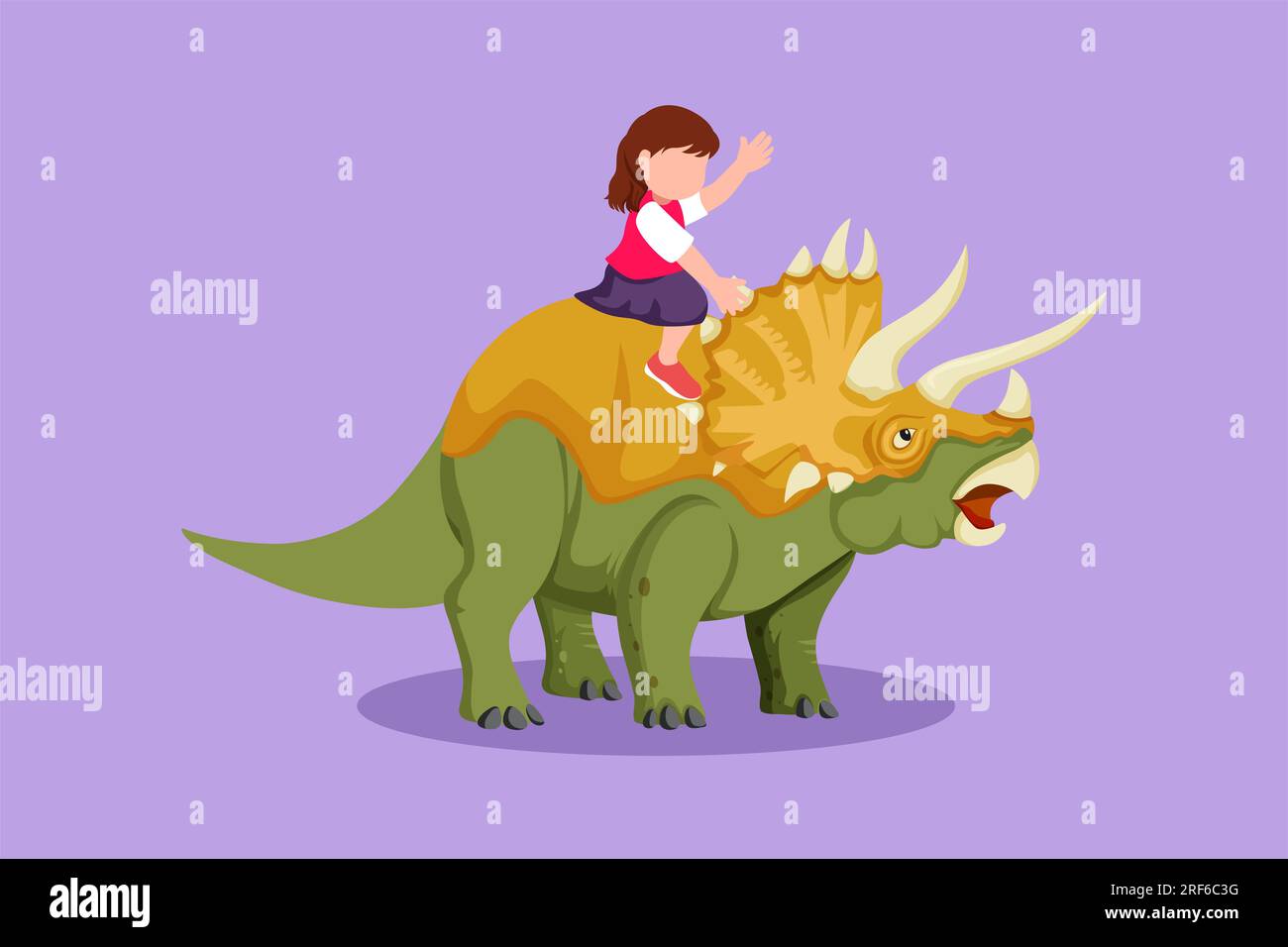 Cartoon flat style drawing bravery little girl caveman riding triceratops. Adorable kids sitting on back of dinosaur. Stone age children playing. Anci Stock Photo
