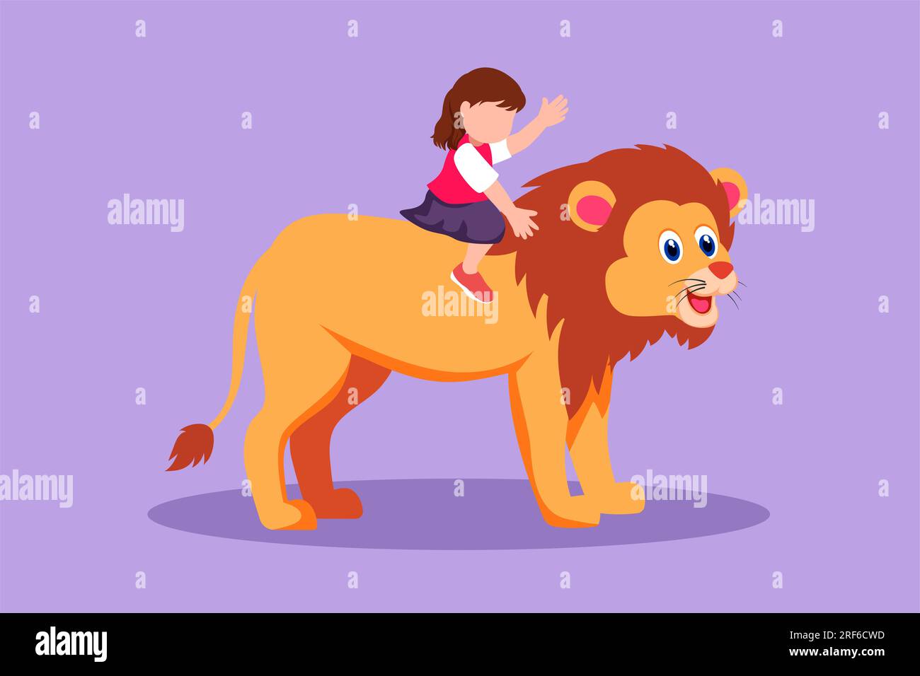 Character flat drawing happy little girl riding lion at zoo. Adorable ...