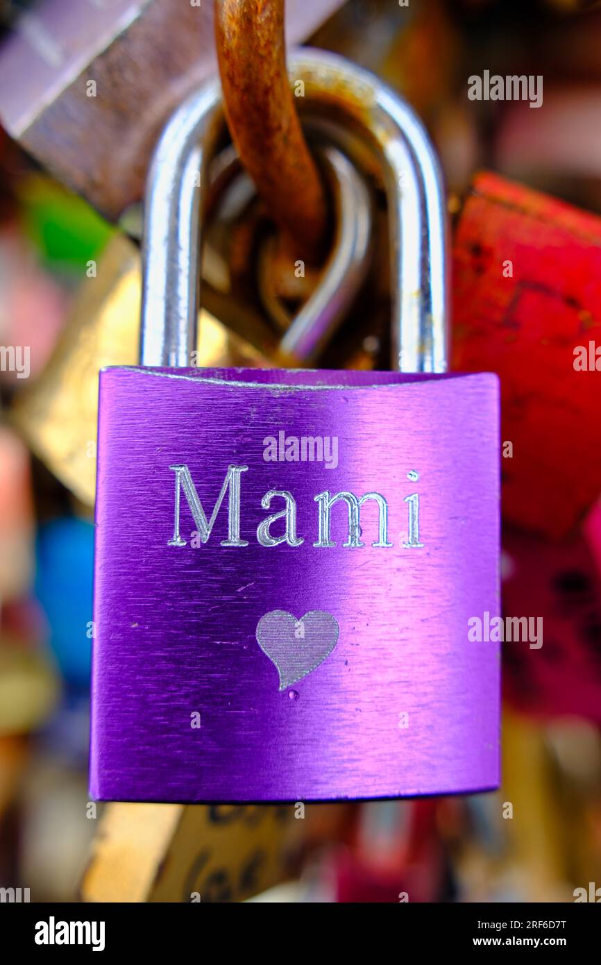 Love lock on a bridge over the Rhine, inscription Mami, Cologne, Germany Stock Photo