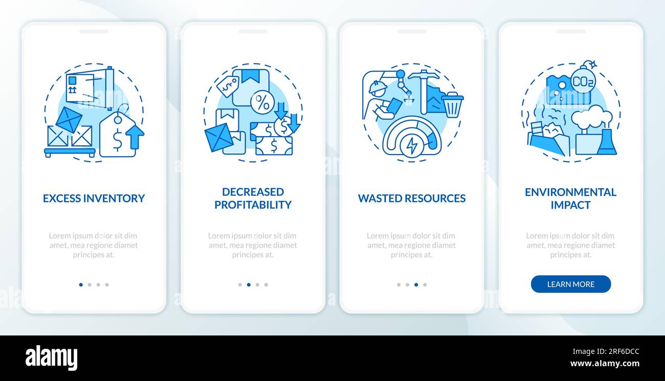 Overproduction with blue linear icons concept Stock Vector