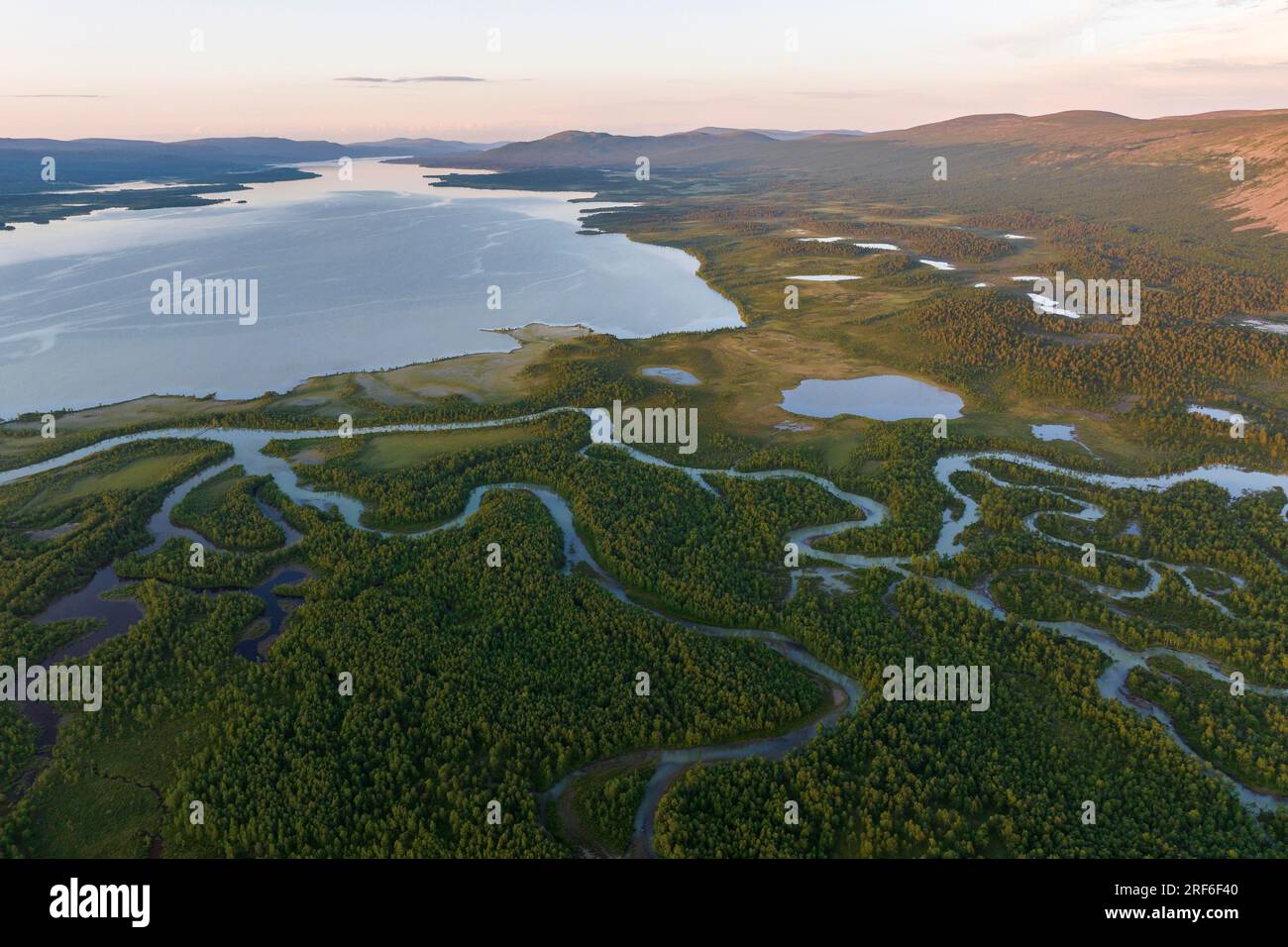 Laddjujohka River Delta, Lake Paittasjaervi, Nikkaluokta, Lapland, Sweden Stock Photo