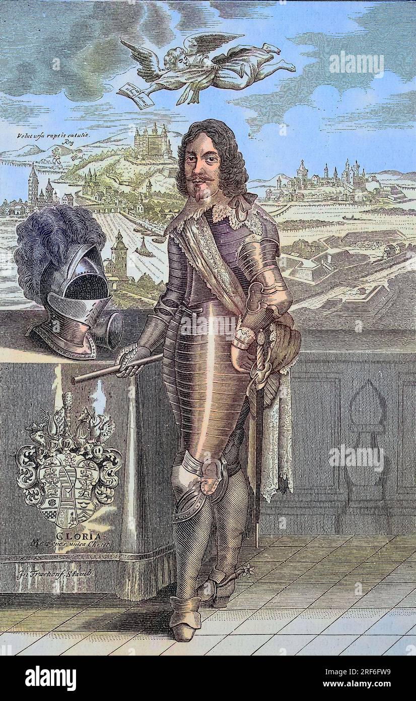 Herzog Bernhard von Sachsen-Weimar, 16. August 1604 - 18. Juli 1639, war ein General des Dreißigjährigen Krieges. Im Hintergrund links Würzburg mit der Feste Marienberg, rechts Breisach am Rhein, Deutschland, digitale verbesserte Reproduktion eines Originaldrucks aus dem 19. Jahrhundert  /  Duke Bernhard of Saxe-Weimar, 16 August 1604 - 18 July 1639, was a general of the Thirty Years War. In the background left Wuerzburg with the feast Marienberg, right Breisach on the Rhine, Germany, digital improved reproduction of an original print from the 19th century Stock Photo
