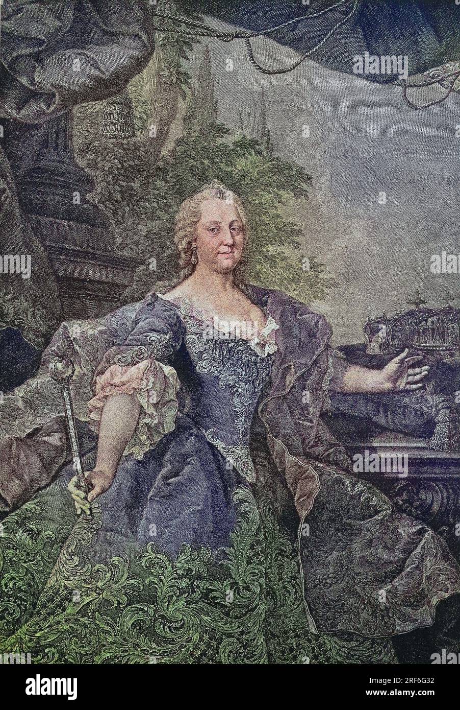 Maria Theresia Walburga Amalia Christina, 13. Mai 1717 - 29. November 1780, war die einzige weibliche Herrscherin der habsburgischen Herrschaftsgebiete und die letzte des Hauses Habsburg. Sie war die Herrscherin von Österreich, Ungarn, Kroatien, Böhmen, Siebenbürgen, Mantua, Mailand, Lodomerien und Galizien, den österreichischen Niederlanden und Parma. Durch Heirat war sie Herzogin von Lothringen, Großherzogin der Toskana und Kaiserin des Heiligen Römischen Reiches. Digitale verbesserte Reproduktion eines Originaldrucks aus dem 19. Jahrhundert  /  Maria Theresa Walburga Amalia Christina, 13 Ma Stock Photo