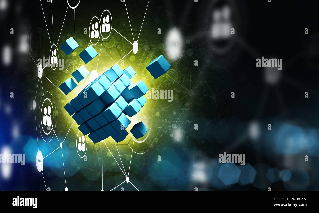Concept of Internet and networking with digital cube figure on dark ...