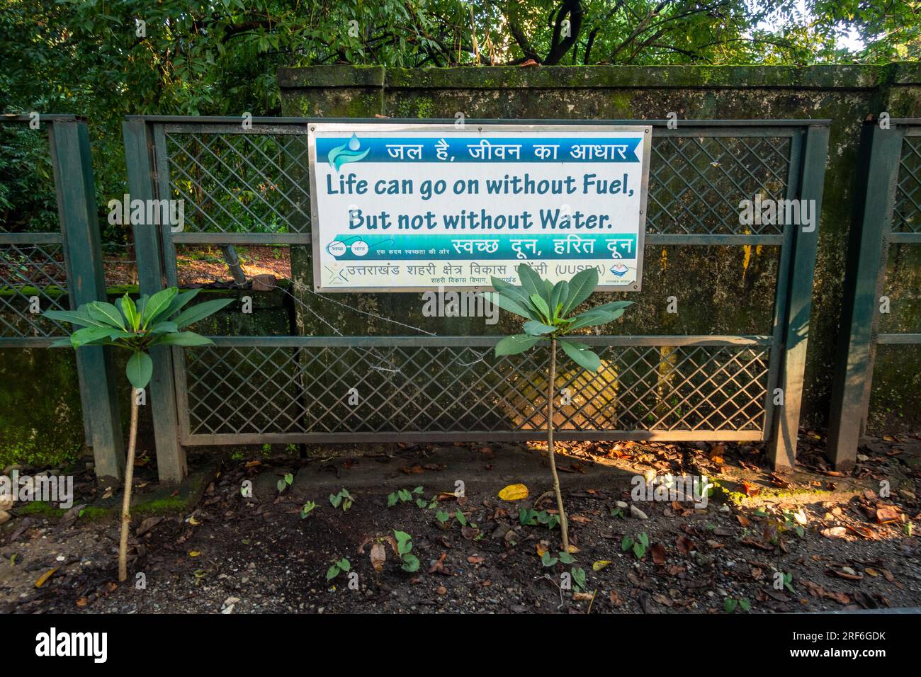 June 28th 2023.Dehradun city, Uttarakhand India. Green Garden Signboard: 'Conserve Water, Embrace Eco-Friendly Practices' with inspiring quotes. Stock Photo