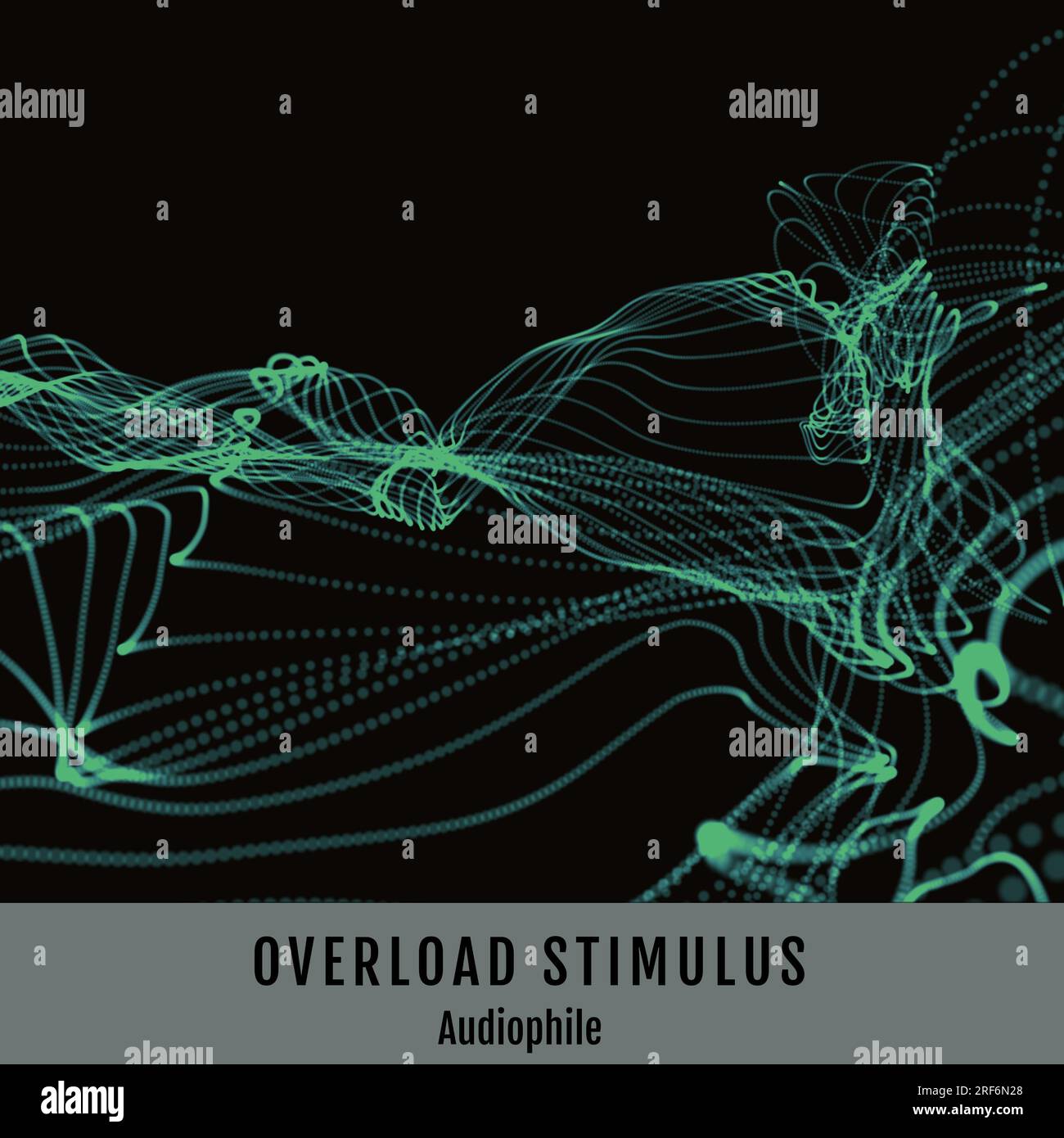 Composition of overload stimulus audiophile text over green waves on black background Stock Photo