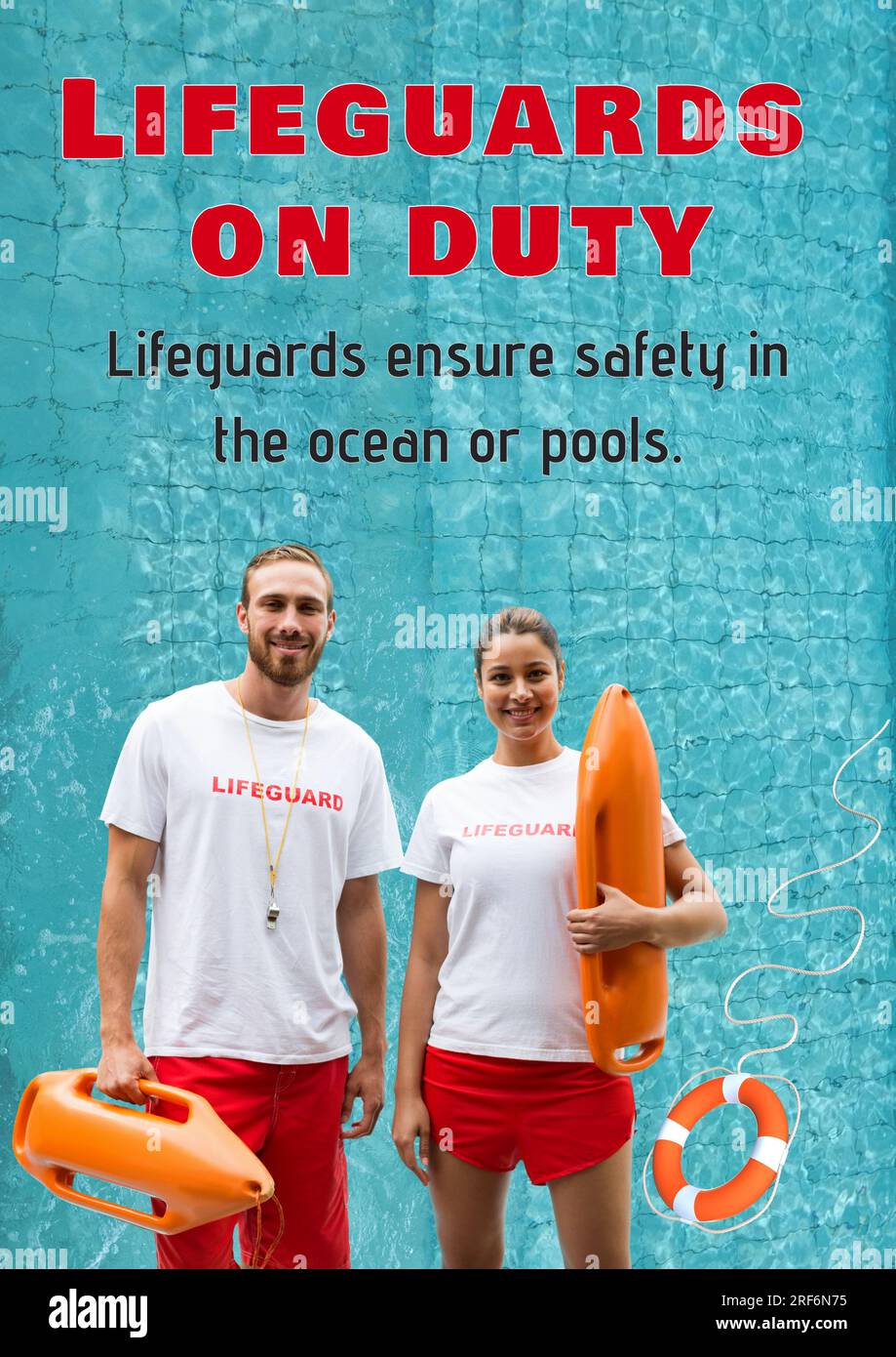 Composition of lifeguards on duty text over caucasian lifeguards Stock