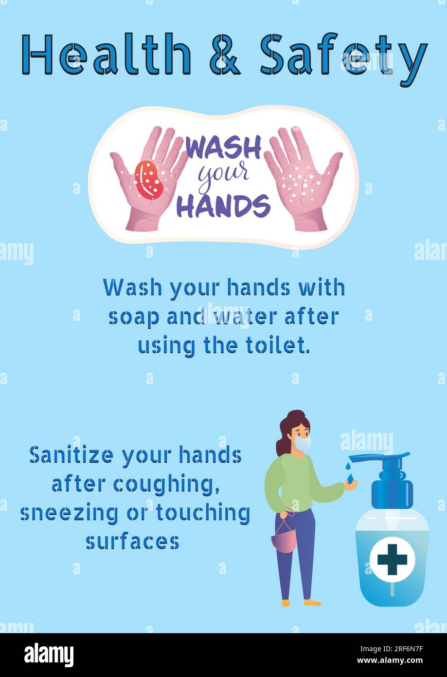 Composition of health and safety text over hand washing on blue background Stock Photo