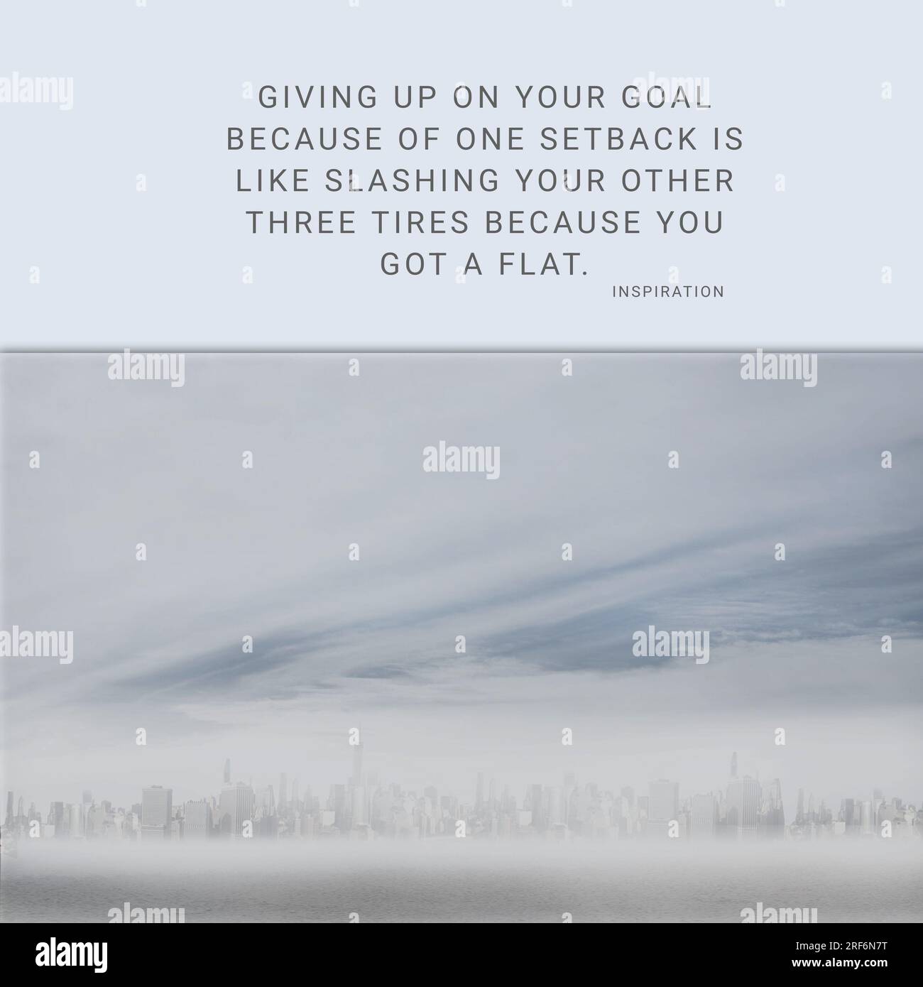 Composition of inspiration quote text over clouds and cityscape background Stock Photo