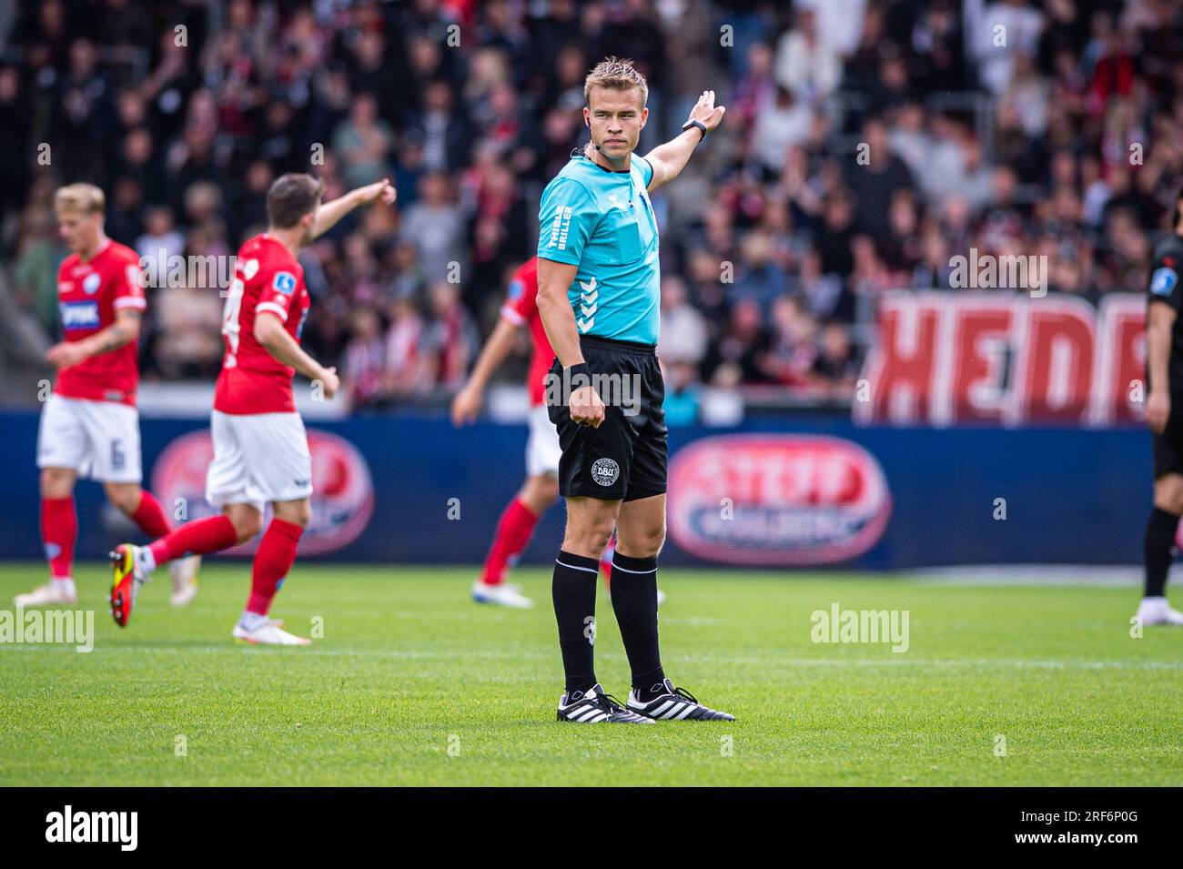 Herning, Denmark. 30th, July 2023. Referee Jacob Karlsen seen during the 3F Superliga match between FC Midtjylland and Silkeborg IF at MCH Arena in Herning. (Photo credit: Gonzales Photo - Morten Kjaer). Stock Photo