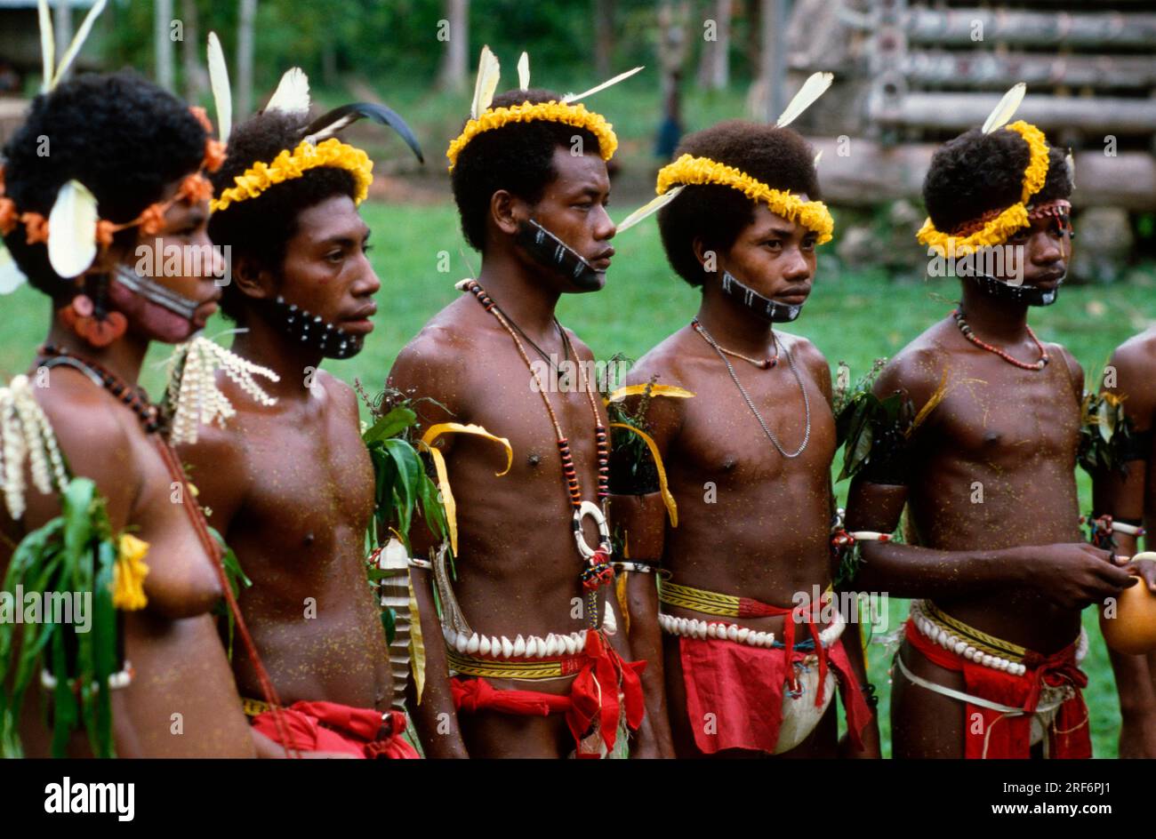 Woman and men in traditional dress, Trobriand Islands, Papua New Guinea