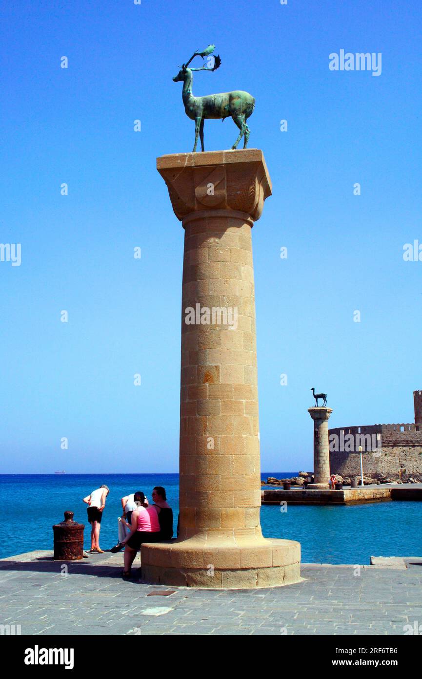 Mandraki Harbour, Deer Sculpture on Column, Rhodes Town, Rhodes, Aegean Sea, Greece Stock Photo