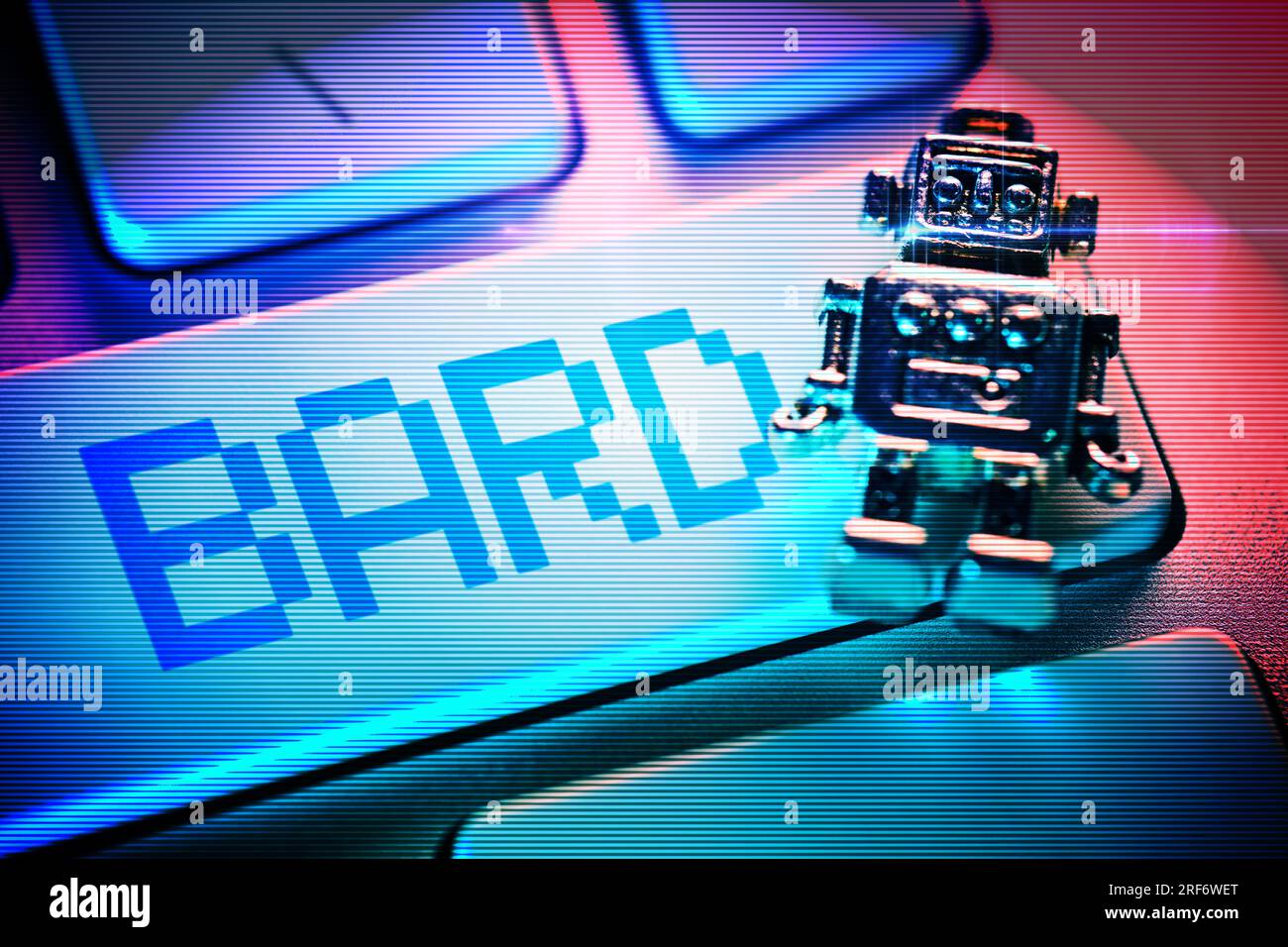 FOTOMONTAGE, Miniatur-Roboter auf einer Computertaste mit der Aufschrift Bard, Google-KI Stock Photo