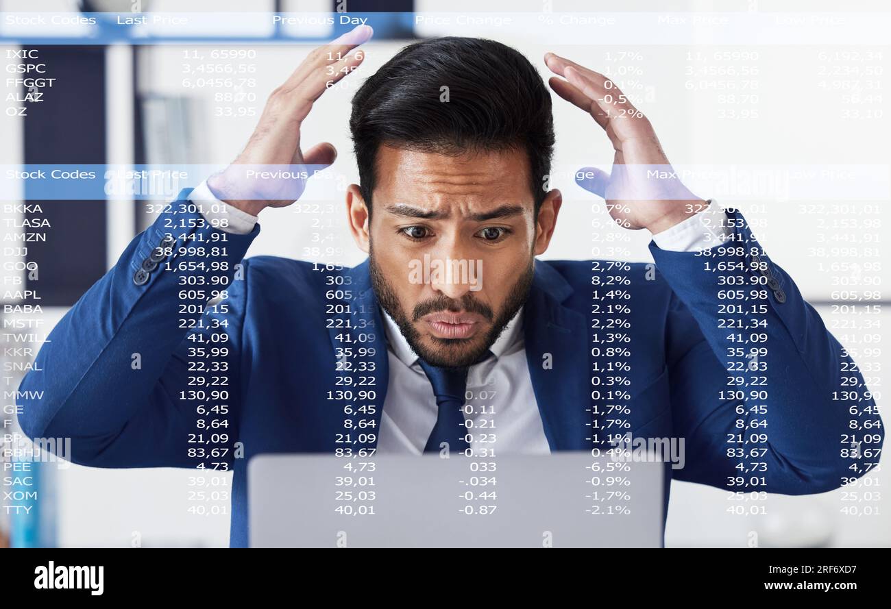 Data, laptop and business man stress over stock market crash, 404 software  fail or IPO investment problem. Crypto trading overlay, financial loss data  Stock Photo - Alamy