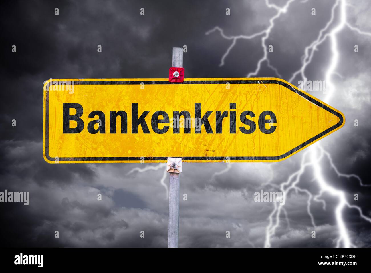 FOTOMONTAGE, Wegweiser mit Aufschrift Bankenkrise Stock Photo