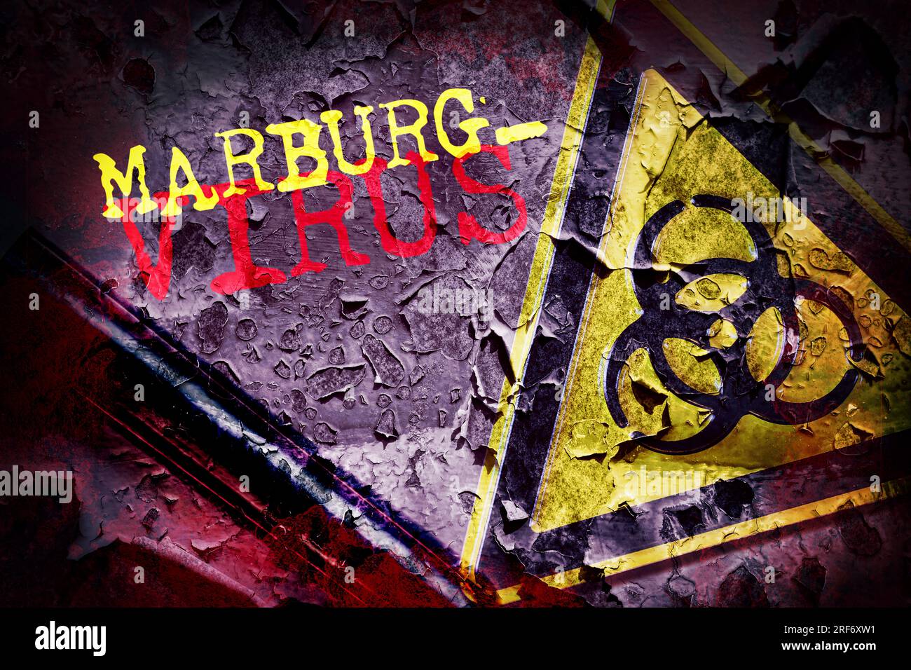 FOTOMONTAGE, Biogefährdungszeichen mit Schriftzug Marburg-Virus Stock Photo