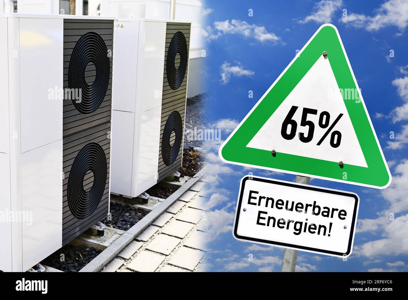 FOTOMONTAGE, Wärmepumpe und Schild mit Aufschrift 65% erneuerbare Energien Stock Photo