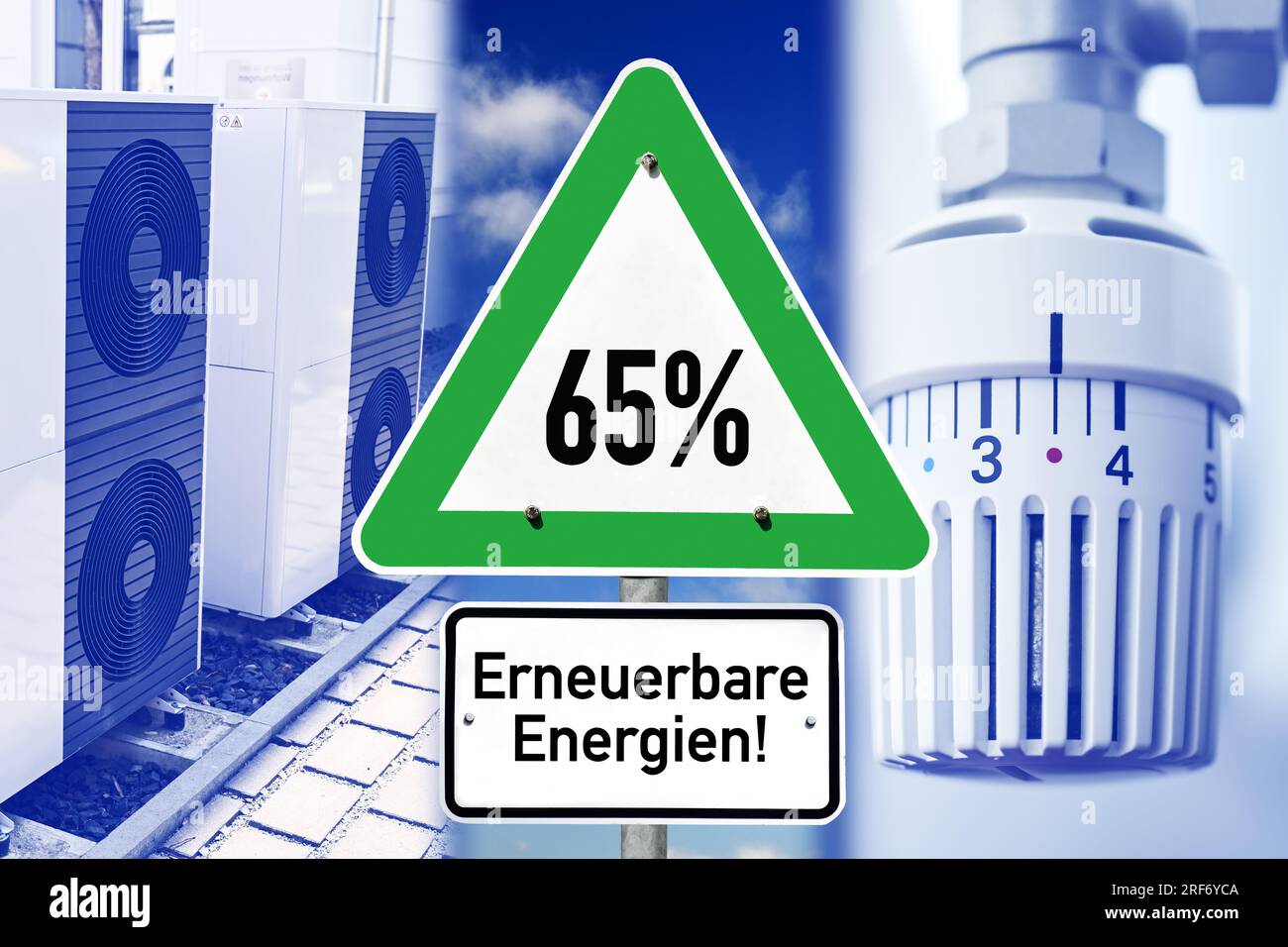FOTOMONTAGE, Schild mit Aufschrift 65% erneuerbare Energien, Wärmepumpe und Heizungsthermostat Stock Photo