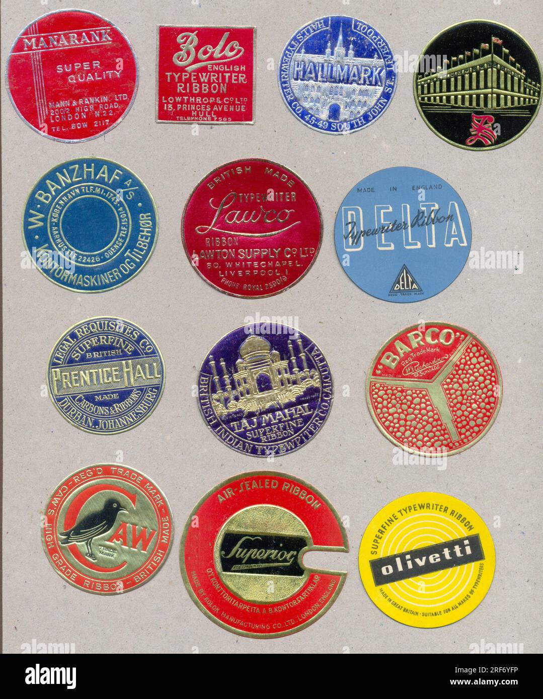 Embossed labels for typewriter ribbons circa 1935 Stock Photo