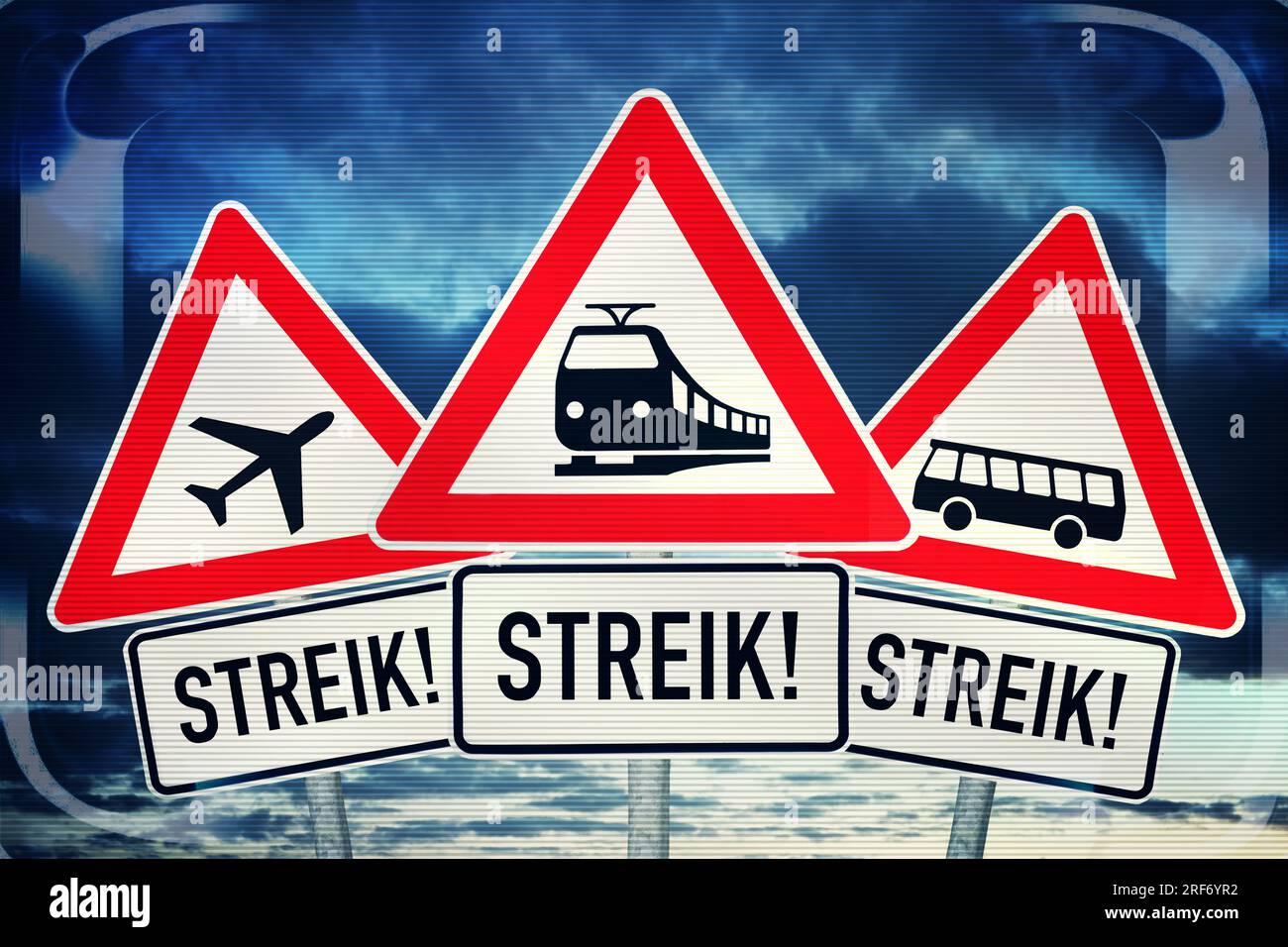 FOTOMONTAGE, Schilder mit Aufschrift Streik und Symbolen von Bahn, Bus und Flugzeug Stock Photo