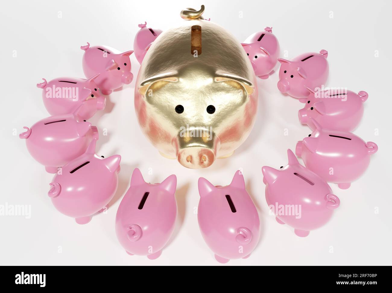 Large golden piggy bank with lots of smaller piggy banks circling