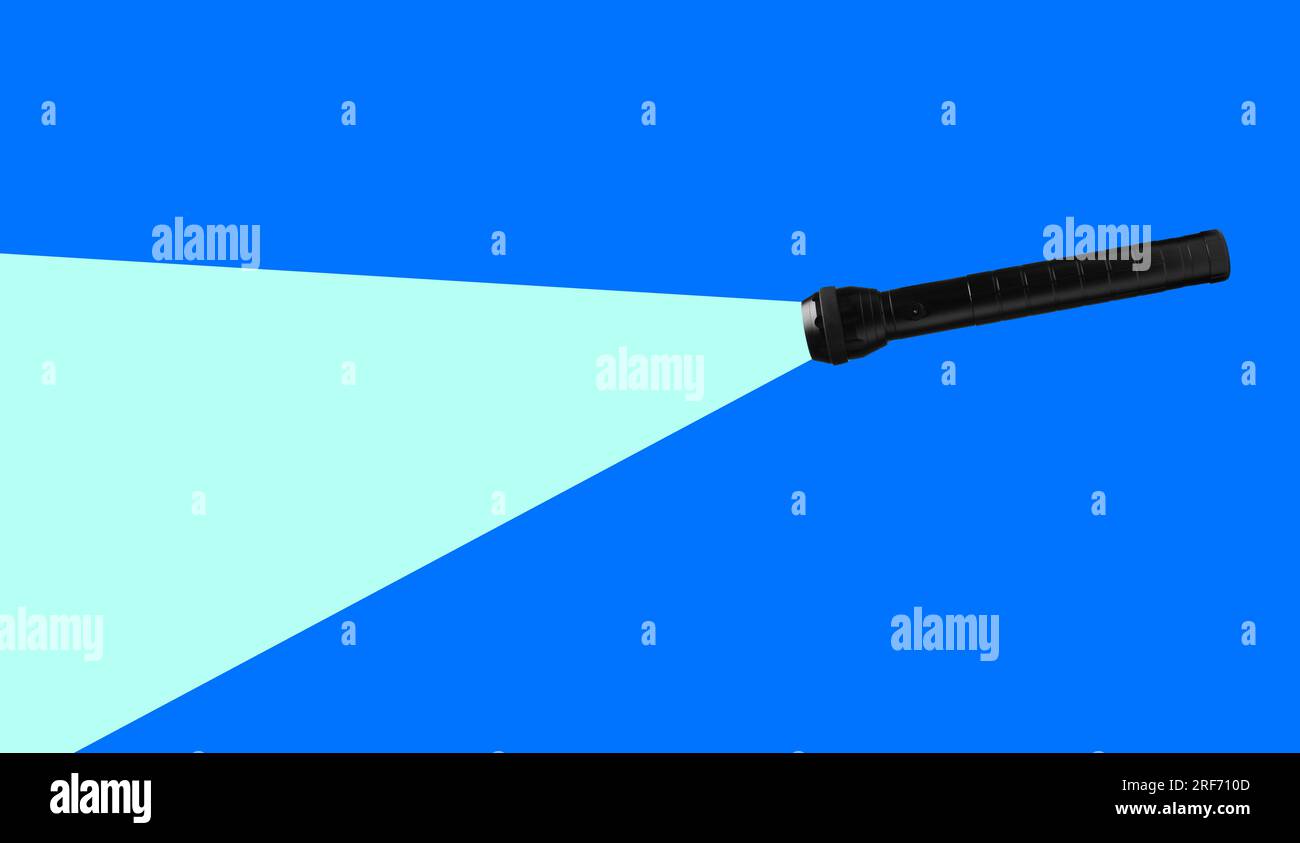 Flashlight illuminating blue background. Light symbolizing search, guidance, direction and other Stock Photo