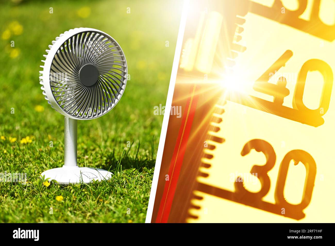 FOTOMONTAGE, Ventilator und Thermometer, Symbolfoto Hitzewelle Stock Photo