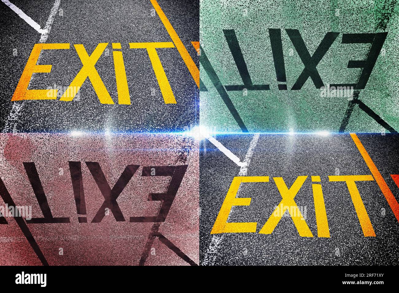 FOTOMONTAGE, Das Wort Exit ist auf dem Asphalt geschrieben Stock Photo
