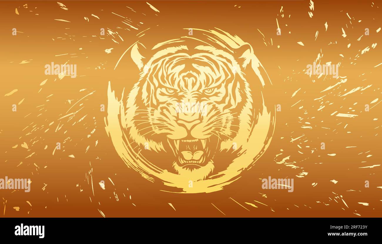 Blue background with golden particles and the head of a roaring golden tiger. Vector image on a black background with a grunge texture. Stock Vector