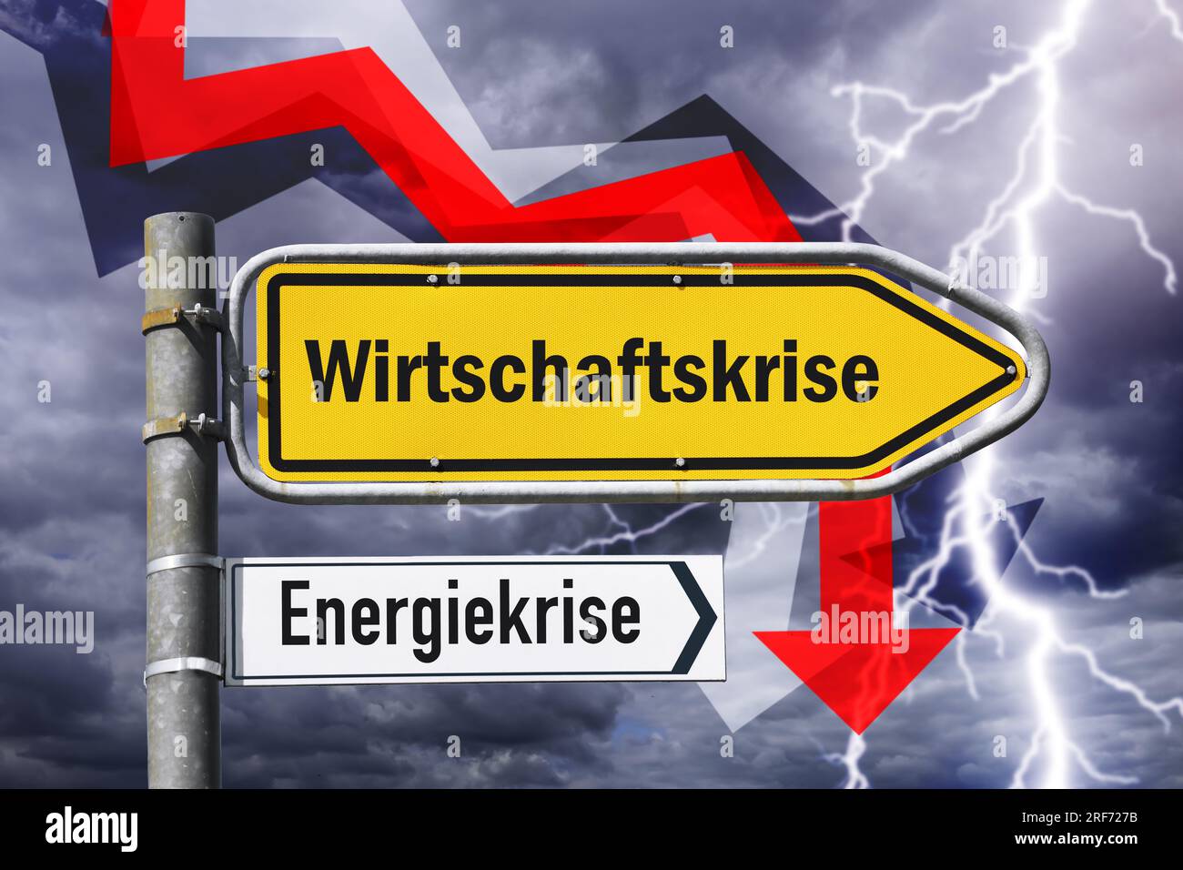 FOTOMONTAGE, Wegweiser Wirtschaftskrise und Energiekrise Stock Photo