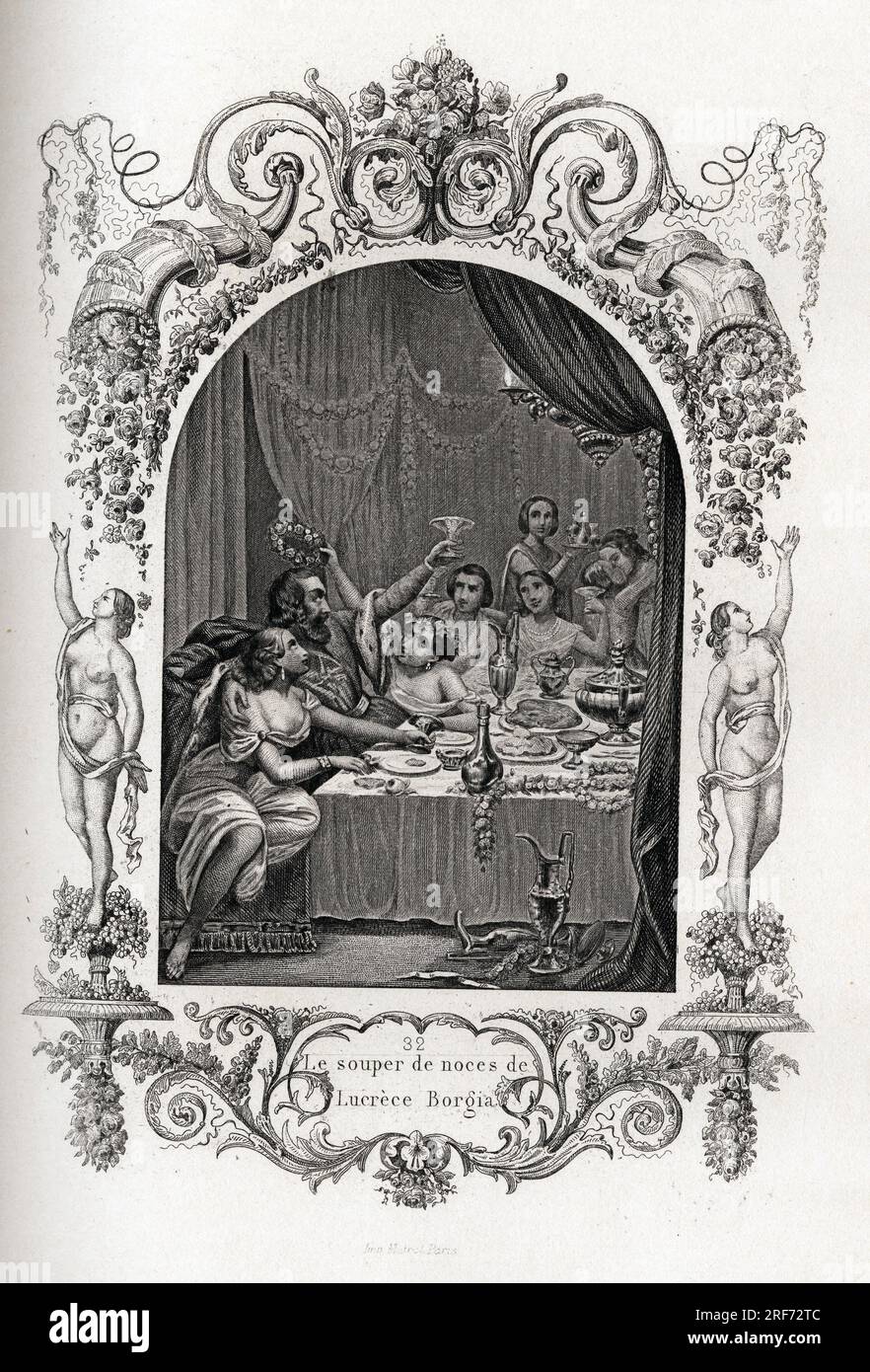 Le souper de noces de Lucrece Borgia (Lucrezia) (1480-1519). Gravure pour illustrer Histoire des papes par Maurice Lachatre (1814-1900), librairie du progres, Paris. Stock Photo